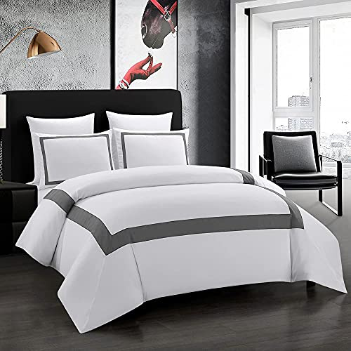 OSVINO Hotel Duvet Cover Set 3Pcs Microfiber Simple Line Style Bedding Set Ultra Soft Quilt Cover Set with Pillowcases, Grey, Double