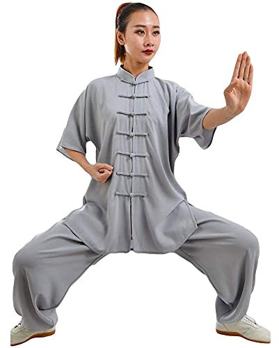 G-LIKE Damen Herren Tai Chi Trainingsanzug – Traditionelle Chinesische Kampfkunst Taiji Kung Fu Qi Gong Wing Chun Shaolin Wushu Frühling Sommer Training Unisex Uniform Kurzärmelig Anzug (Grau, XXXL)