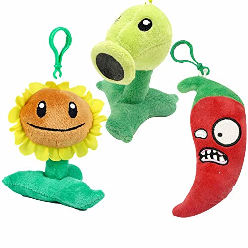 BASHERISE 3 PCS PVZ Plant Plush Zombies Keychain Sets Toys Stuffed Soft PVZ Figure Doll Sunflower, Green Pea, Red Pepper Pendant, Great Gift for Christmas, Birthday New