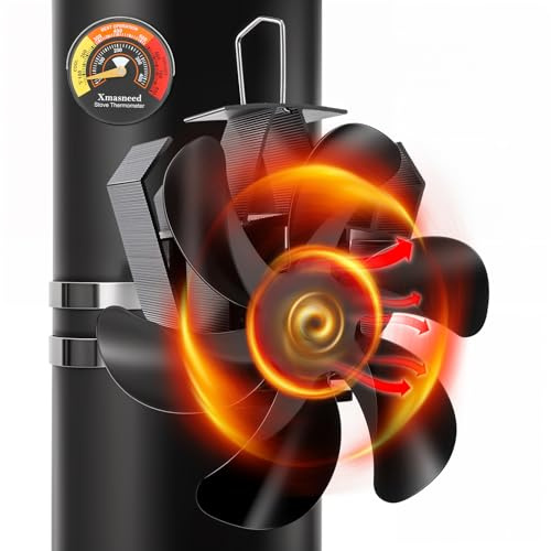 Wood Stove Fan, Pipe Fireplace Fan with Magnetic Thermometer, 6 Blades Stove Fan on Chimney, Silent Motors, Push Horizontal Air Flow, Heat Powered Wood Stove Fan for Wood Burning Stove/Gas/Pellet/Log
