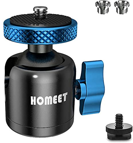 Homeet Mini Rótula Trípode 25mm 10 Kg de Carga Máxima，Cabezal de Trípode de Metal 1/4 y 3/8 Cabezal de Bola con Tuerca y Adaptador Soporte Cabeza de Bola para Cámaras, Trípodes, y etc, Azul