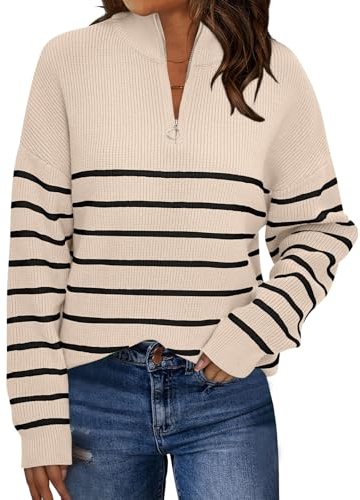 LILLUSORY Suéter de Gran tamaño a Rayas con Cremallera de un Cuarto para Mujer, Cuello Alto Falso, Traje de Moda de otoño, Negro, (Apricot-Black), XL
