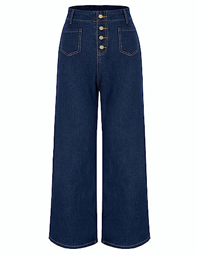 Women Casual Wide Leg Jeans Elastic Waist Relaxed Fit Trousers with Pockets Dark Blue XXL