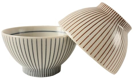 Mino ware Japanese Ceramics Pair Rice Bowl Set of Two Togusa pattern Vertical Stripe made in Japan (Japan Import) GBG001