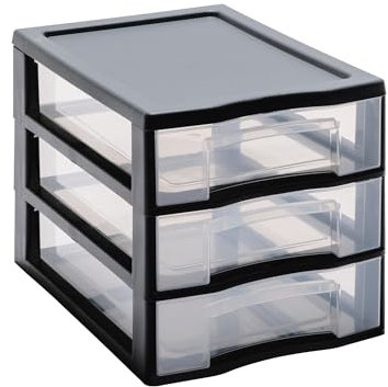 SUNDIS Tag Tower, cassettiera plastica, 3 cassetti A6 trasparenti, altezza 17 cm, impilabile, ideale per riporre cosmetici, gioielli, accessori e materiali di consumo