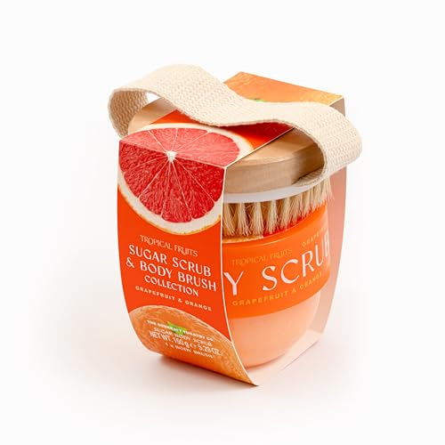 Tropical Fruits Sugar Scrub and Brush Grapefruit Orange Citrus 150g | Exfoliating Sugar Scrub with Brush for Smooth Refreshed Skin. Citrus Scent with Grapefruit and Orange Notes. Gentle Formula.