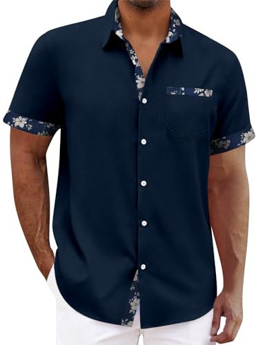 Men's Short Sleeve Linen Shirt Hawaiian Summer Slim Fit Patterned Blue L