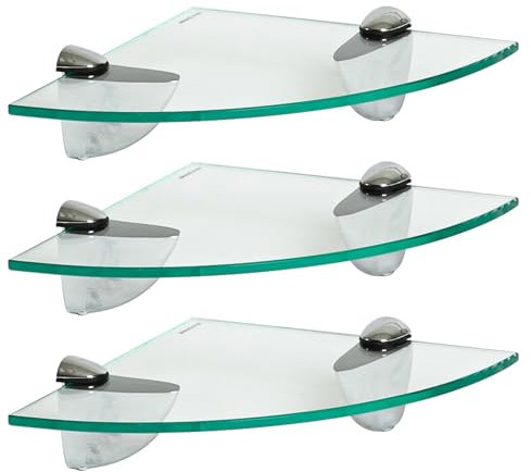 Harbour Housewares 3X Klar 20cm Schwebende Eckregale aus Glas - Badezimmer Dusche Küche Regale Lagerung Anzeigeeinheit mit Silberne Klammern