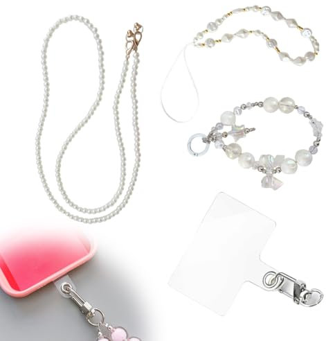 Cadena De Perla Para Teléfono Móvil, 3 PCS Perla Colgante para Movil, Colgante Movil, Colgante Movil Cuello con Lengüetas de Sujeción, Compatible con Casi Todos Los Modelos de Teléfono