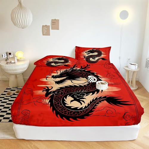 XCQHZYQ Spannbettlaken 140x200cm Chinesischer Winddrache Rot Kinder Spannbetttuch Baby Spannbetttuch, Weich Mikrofaser Spannbettlaken für Babybett Kinderbett mit 2 Kissenbezügen 80x80cm