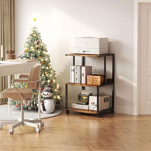Supporto per stampante con ripiano, scrivania per stampante a 3 livelli con ruote, carrello stampante, per organizzazione di casa, supporto per carrello per pressa a caldo, microonde e mini, Marrone