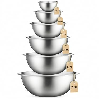 LOFERMA Stainless Steel Mixing Bowls Set - 6-Piece, Easy-Grip, for Baking, Cooking, Salad & Food Prep - 700ml, 900ml, 1.4L, 2.8L, and 4.7L and 7.6L (Silver)