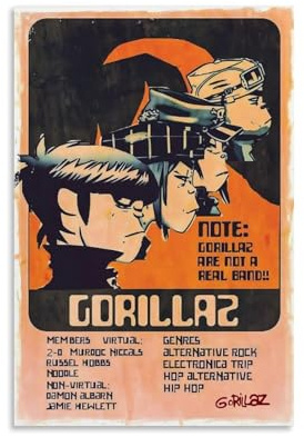 Gorillaz - Póster de banda de música vintage, póster musical para habitación, lienzo estético, decoración de pared, dormitorio, 12 x 18 pulgadas (30 x 45 cm)