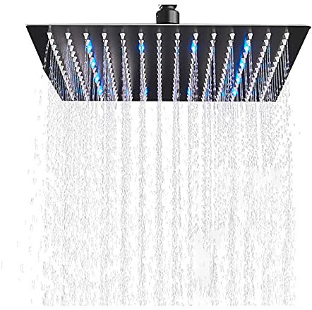 QSYJCCXD Cabezal de Ducha LED Alta presión Alta Lluvia Fija Cabezal de Lluvia Cuadrada Cabezal de Ducha de Ducha de Ducha de Ducha de Ducha, Negro, 16 Pulgadas, Cromo, 12 Pulgadas