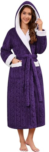 Niwicee Dammorgonrockar fluffiga damrockar med huva fleece badrock vinter lång rock varm nattkläder handduk bad nattkläder för spa hotell hem, Lila, M