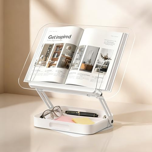 ASIEIT Book Stand for Reading with Storage, Acrylic Adjustable Book Holder with 360° Rotating Bases & Elastic Page Clips, Foldable Desktop Riser for Bible, Laptop, Recipe, Textbook