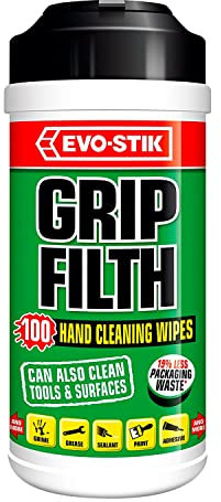 EVO-STIK Grip Filth Hand Cleaning Wipes, Remove Grime, Grease, Sealant from Hands, Tools and Surfaces, Kind to Hands, Compact Tub, 100 Wipes