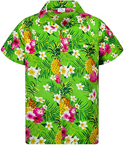 King Kameha - Camisa hawaiana de manga corta para niños y niñas, casual y llamativa, con bolsillo frontal, estampado de flores y piñas, unisex, 10 años