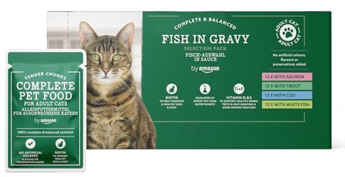 by Amazon Complete Wet Food for Adult Cats, Fish Selection in Gravy, 4.8 kg (48 pouches of 100g)