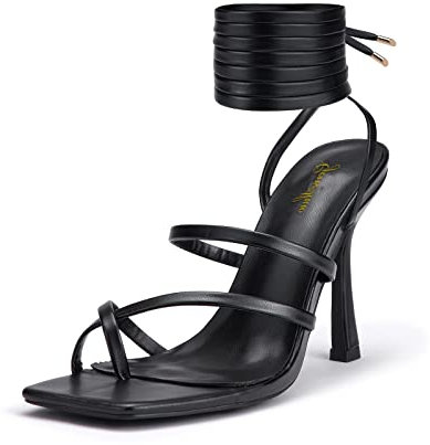 GENSHUO Damen High Heel Sandale Stiletto Schnürsandalen Sexy Eckige Zehen High Heel Riemchensandalen mit Zehenring Stiletto Riemchen Sandaletten Zehentrenner Schwarz Größe 36 EU