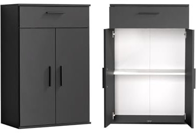 mokebo Mehrzweckschrank Büroschrank 'Der Praktische' (60x90 cm) aus Holz, mit Schublade, Aktenschrank, auch als Schuhschrank, Flurschrank oder Aufbewahrungsschrank in Anthrazit Schwarz