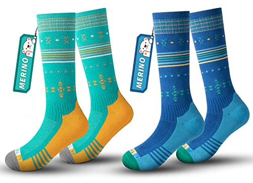 Rahhint Kids Ski Socks Thermal Merino Wool Snowboard Socks with OTC Design Anti-Slip Cuff Sports Compression Socks Warm Socks for Cold Weather Outdoor Winter Sports- 2 Pairs