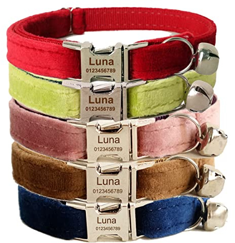 Collar para gatos, personalizable, con placa de identificación y número de teléfono, grabado, para gatitos, cachorros, terciopelo plateado