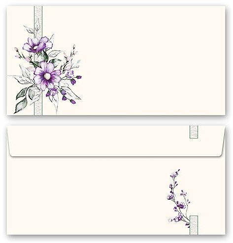 25 Briefumschläge (ohne Fenster) Blumenmotiv, LILA BLUMEN DIN LANG (220x110 mm)
