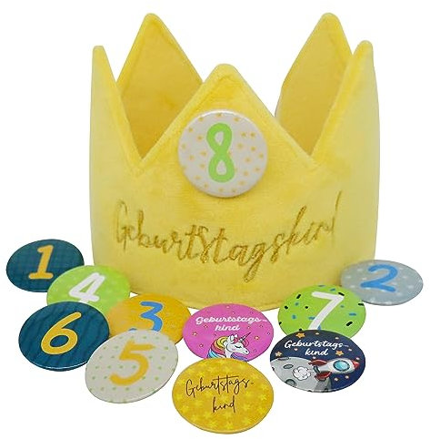 Sugeru Geburtstagskrone Samt mit 11 Buttons Zahlen von 1-8 für kinder mädchen junge | krone geburtstag | kindergeburtstag Party deko | partyhüte | Rekordwachstum der Kinder | Wiederverwendbare (Gelb)