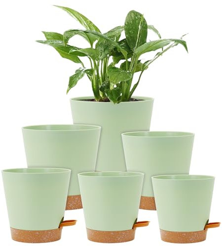 Homeuouz 6 Pack Self Watering Plant Pots Indoor-20/17.5/16.5/15/14/12.5CM Plastic Flower Pots with Drainage Holes, Saucer & Reservoir, for House Plants, Herbs & Succulents(Green)