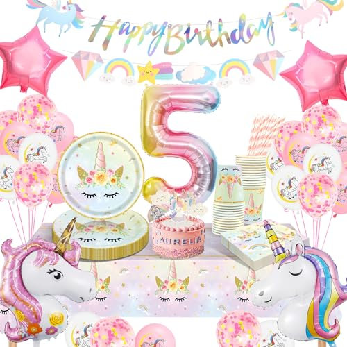 yosiio Unicorn Party Tableware Set, Unicorn 5th Birthday Decoration Set, Children's Birthday Party Paper Plate With Balloons for Girls 5 Years Birthday Party Supplies