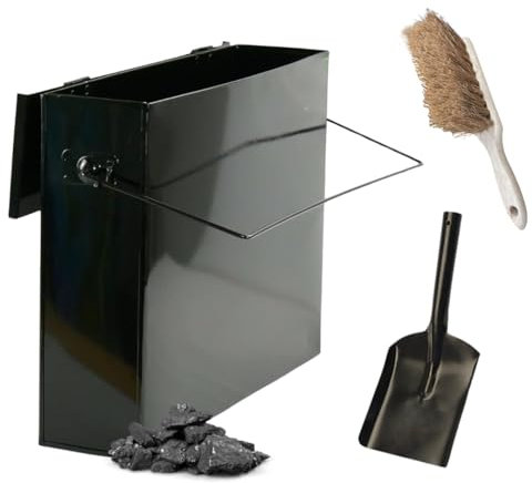 Trendi® Fireside Black Ash Carrier – Galvanised Metal Ash Storage Box with Shovel & Brush | Ash Bin & Container for Fireplace Cleanup | Ash Bucket for Fire Pits & Wood-Burning Stoves