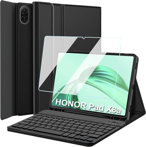 Wineecy Keyboard Case with Screen Protector for Honor Pad X8a 11 Inch 2024, 9H Tempered Glass, Magnetically Detachable Wireless Bluetooth Keyboard with Slim Stand Cover with Pen Holder (Honor Pad X8a)