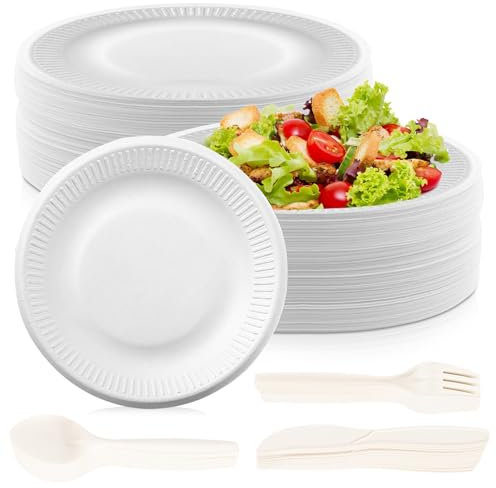 WIYETY 200 platos de papel para fiesta: 50 cuencos de cartón con 50 tenedores, 50 cuchillos y 50 cucharas, platos de papel para fiestas de cumpleaños, comidas de boda y camping y picnics para muchos
