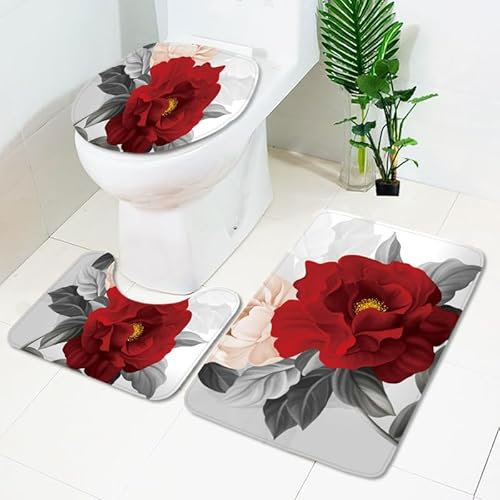 Badezimmerteppich Graue Rote Blüten WC Vorleger mit Ausschnitt WC Deckelbezug 3 Teiliges WC Teppich rutschfeste Badgarnitur U förmiger Badematte Waschbar Bad Teppiche Set 50x80 cm