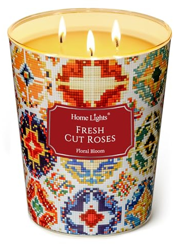 HomeLights Bougies parfumées | Grand pot 34 oz bougie de soja naturelle | 130 heures de longue durée avec 3 Wicks | Bohemian naturel pour la décoration de la maison Roses fraîchement coupées