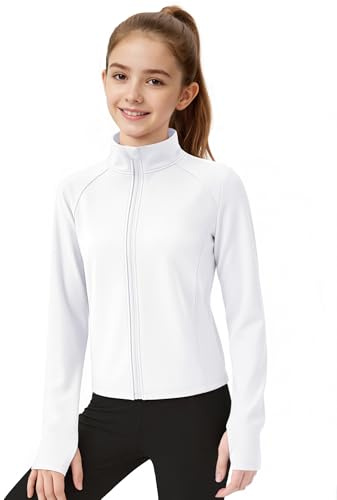 JOCMIC Girls Zip Up Jacket Horse Riding Shirts Kids Athletic Jackets Fall Winter Outerwear White 9-10 Years