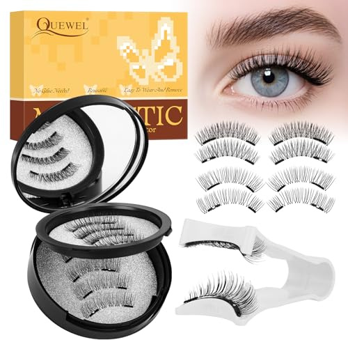 Cils Magnétiques QUEWEL, 2 paire de Faux cils magnétiques avec applicateur, sans colle, facile à porter et à retirer, cils réutilisables pour un look naturel, instructions incluses (DH02+04)