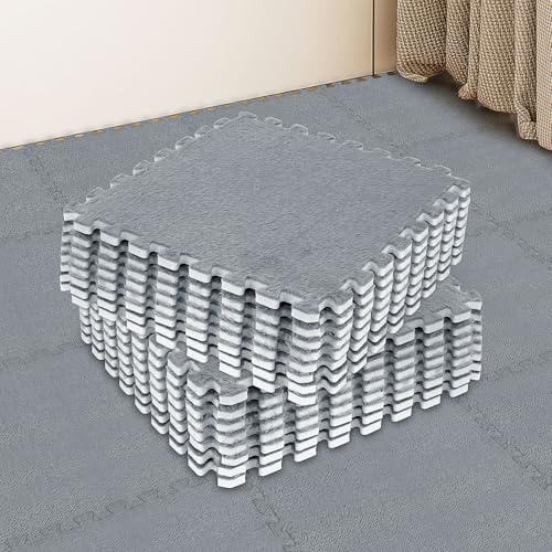 15 Pcs Plush Foam Floor Mat 30 x 30 cm Square Interlocking Carpet Tiles with Border Soft Fluffy Play Mat Floor Tiles Climbing Area Rugs for Home Playroom Nursery (Grey)