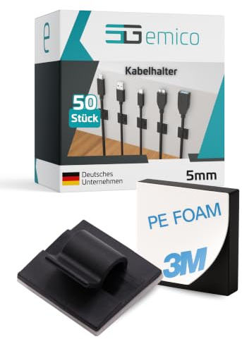 emico Kabelhalter - für Kabel bis 5 mm Durchmesser - 50 Stück Schwarz - Kabelclips aus hochwertigem PA 6.6 - Selbstklebend & RoHS-konform - Ideal für Kabel, Drähte & Lichterketten