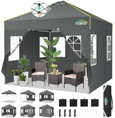COBIZI Pavillon 3x3 Faltpavillon wasserdicht Winterfest, EIN-Tasten-Zentralverriegelung Partyzelt Faltbar Anti-UV mit Fluoreszierenden Streifen, 4 Seitenwänden, 3 Höhenverstellbar,Gartenzelt, Freien