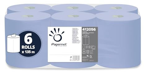 Papernet - Asciugamano di Carta in Rotolo a Estrazione Centrale 412056, Confezione da 6 Rotoli in Carta Riciclata Blu da 137 m Ciascuno, 2 Veli, 2.700 Servizi da 20x30cm