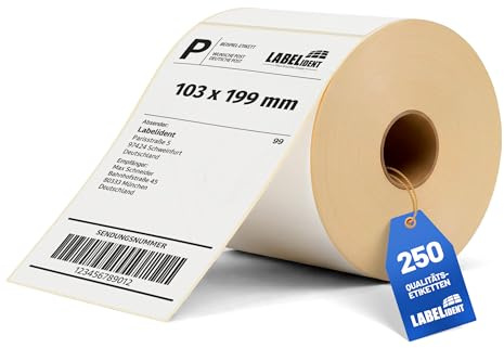 Labelident Versandetiketten (103 x 199 mm) - 250 Thermoetiketten auf 1 Rolle/n 25 mm Kern | Selbstklebende Thermodirekt-Labels mit Trägerperforation für DHL, DPD, Fedex, GLS, Hermes, UPS