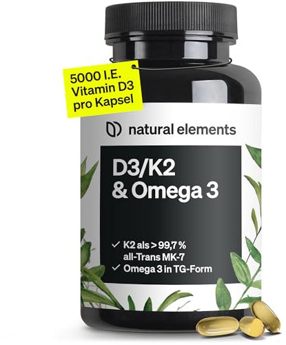 natural elements Vitamin D3 + K2 + Omega 3 – Premium K2VITAL® von Kappa 99,7+% All-Trans K2 – Premium Omega 3 in Triglycerid Form und bioverfügbares D3 – in Deutschland produziert & laborgeprüft