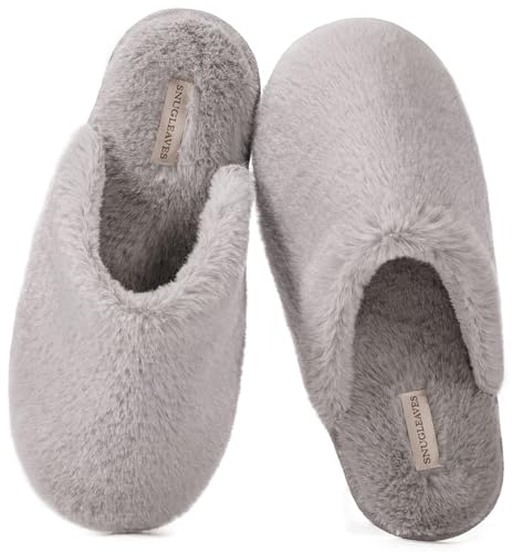Snug Leaves Women's Fluffy Memory Foam Slip On Slippers with Cosy Faux Fur Lined House Shoes for Ladies Grey, 7-8 UK