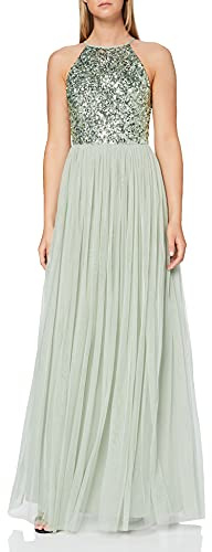 Maya Deluxe Damen Abendkleid Pailletten Cocktailkleid Tüllkleid Kleid Nackenband Elegant Für Hochzeit Brautjungfernkleid Bridesmaid Dress, Sage Green, 38 EU