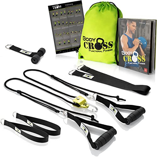 BodyCROSS Premium Schlingentrainer mit Umlenkrolle für zuhause| Türanker, Befestigung, Poster & Trainingsplan| Krafttraining Made in Germany| geprüft & Zertifiziert| Slingtrainer Set| 10 J. Garantie