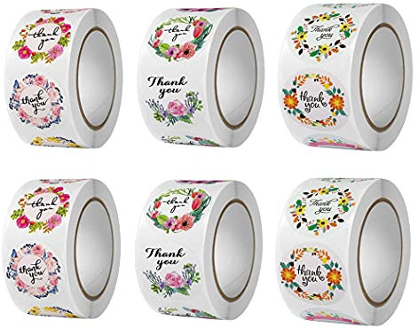 3000 Stück Rund Danke Aufkleber Etiketten Sticker Aufkleber mit Blumenmotiven Handmade with 'Thank you' Sticker für Geschenkboxen, Umschläge, usw (6 Rollen)