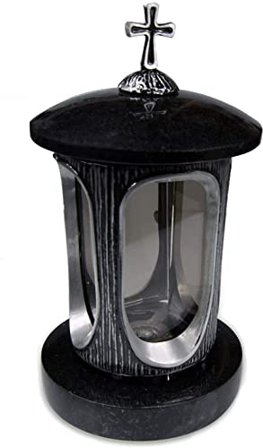 Vershy Gravlykta silver med granitfot, mörk impalagravdekoration, snygg granitlykta, elegant, granitsvart, höjd 28 cm/Ø 15 cm, gravlampa, gravljus, gravljus