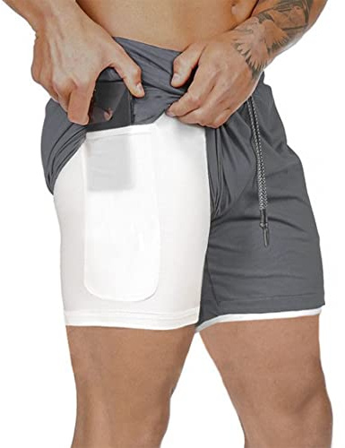 XDSP Pantaloncini Sportivi da Uomo, 2 in 1 Sport e Allenamento Fitness Shorts Jogging, Pantaloncini Asciugatura Veloce (Grigio, XXL)